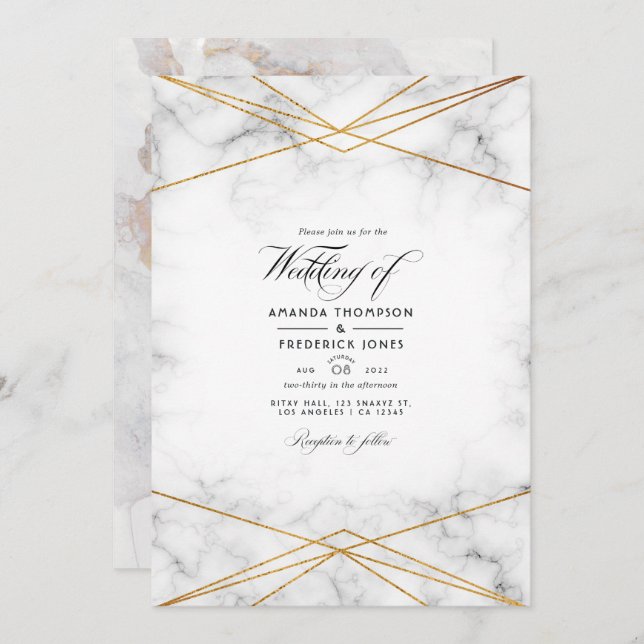 Gold Marble Geometric Wedding Photo Invitation (Front/Back)
