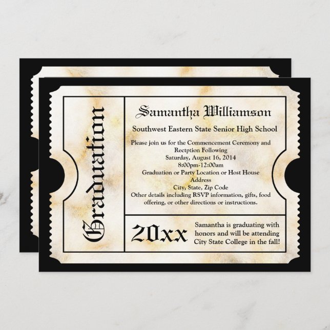 Gold Marble Modern Graduation Ticket Invitation (Front/Back)