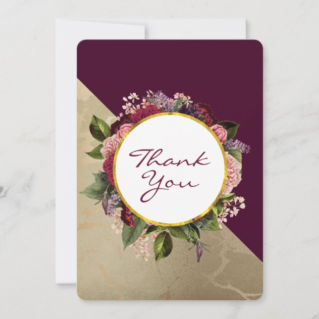 Gold Marble Pattern and Burgundy Floral Thank You Card (Front)