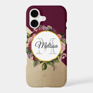 Gold Marble Pattern and Burgundy Florals Monogram