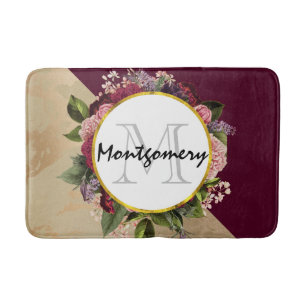 Gold Marble Pattern and Burgundy Florals Monogram Bath Mat