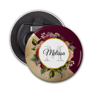 Gold Marble Pattern and Burgundy Florals Monogram Bottle Opener