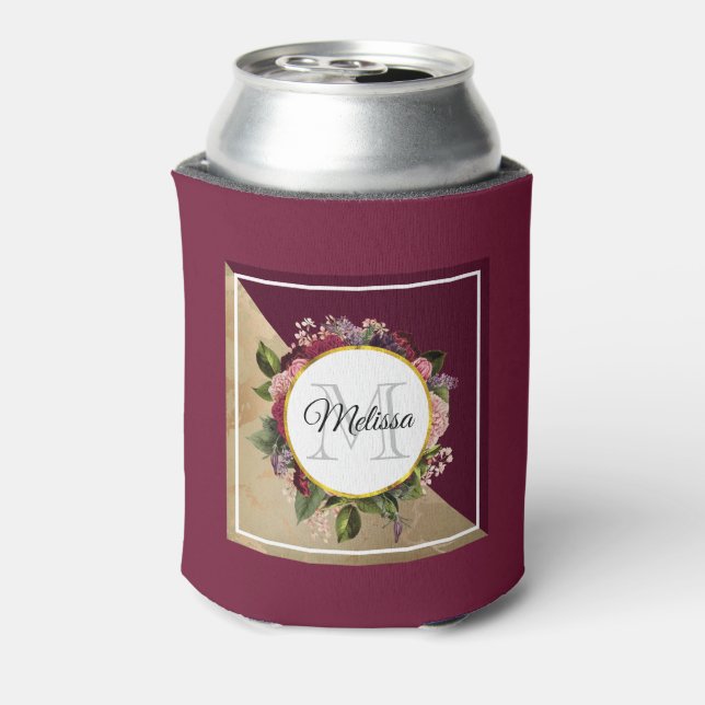 Gold Marble Pattern and Burgundy Florals Monogram Can Cooler (Can Back)