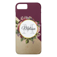 Gold Marble Pattern and Burgundy Florals Monogram