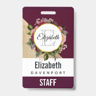 Gold Marble Pattern and Burgundy Florals Monogram ID Badge