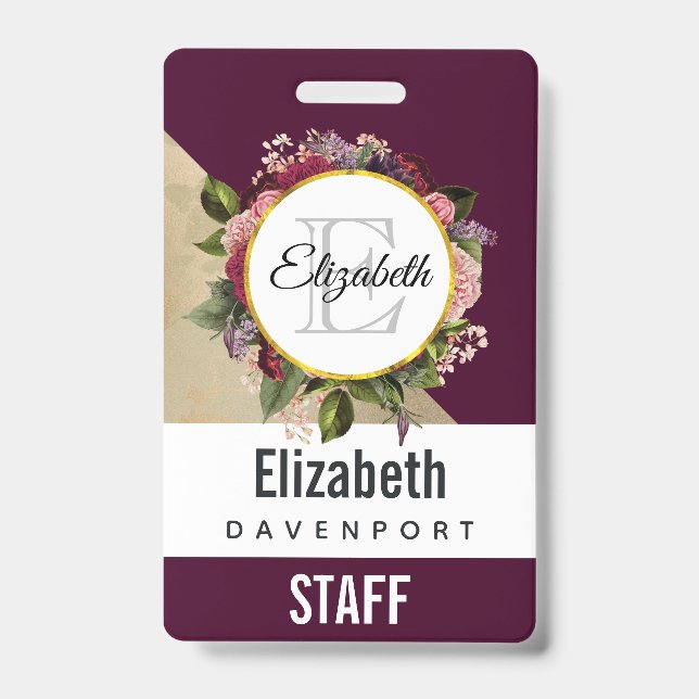 Gold Marble Pattern and Burgundy Florals Monogram ID Badge (Front)