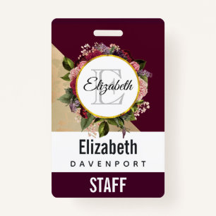Gold Marble Pattern and Burgundy Florals Monogram ID Badge