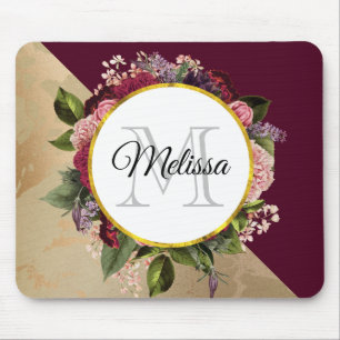Gold Marble Pattern and Burgundy Florals Monogram Mouse Pad