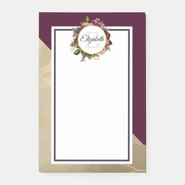 Gold Marble Pattern and Burgundy Florals Monogram Post-it Notes (Front)