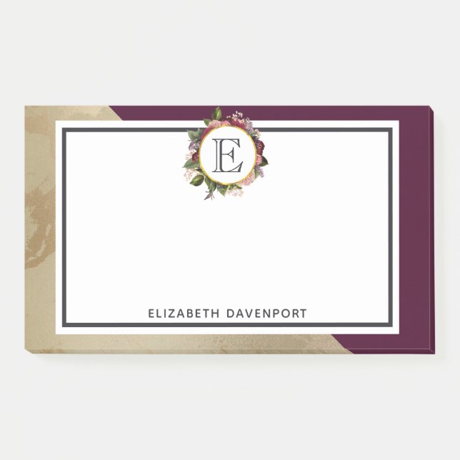 Gold Marble Pattern and Burgundy Florals Monogram Post-it Notes (Front)