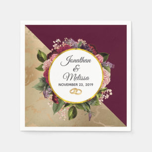 Gold Marble Pattern and Burgundy Florals Wedding Napkin