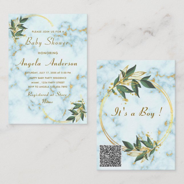 Gold Marble QR Code Baby Boy Shower Invitations (Front/Back)