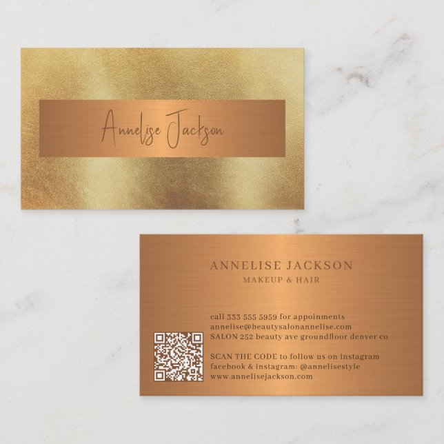 Gold marble QR CODE luxury beauty salon Business Card (Front/Back)