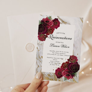 Gold Marble Red Roses Floral Quinceanera Invitation