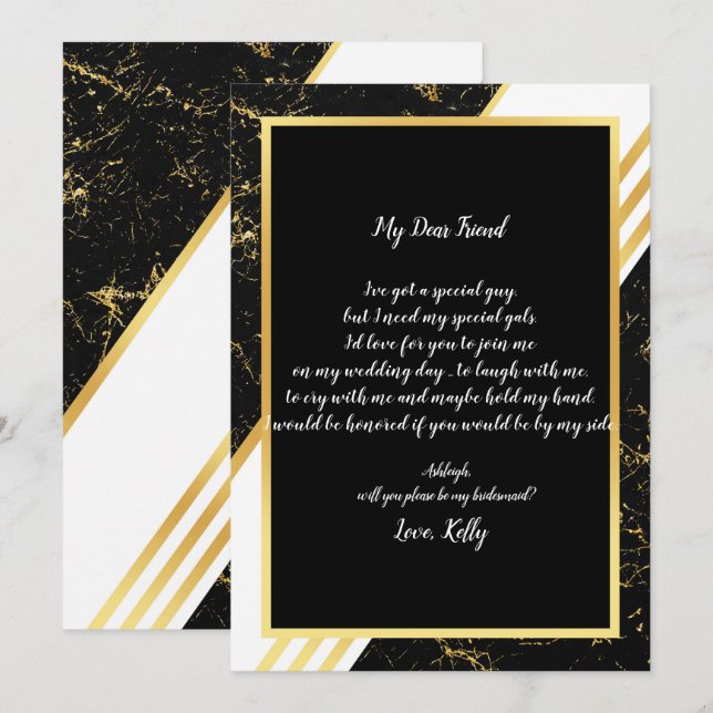 Gold marble stripes typograp will be my bridesmaid invitation (Front/Back)