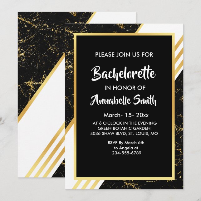 Gold marble stripes typography black bachelor invitation (Front/Back)