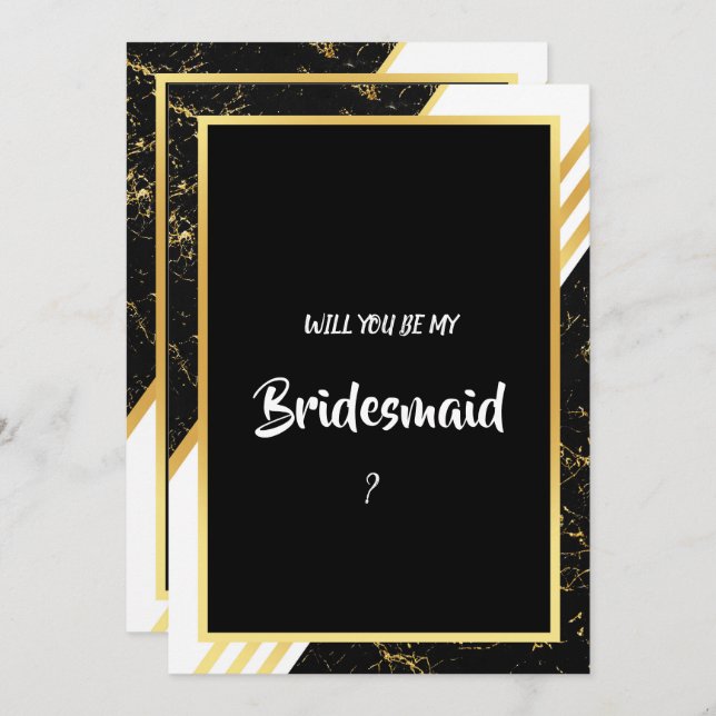 Gold marble stripes typography black Bridesmaid Invitation (Front/Back)