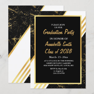 Gold marble stripes typography black Graduation Invitation