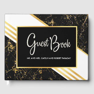 Gold marble stripes typography black guest book