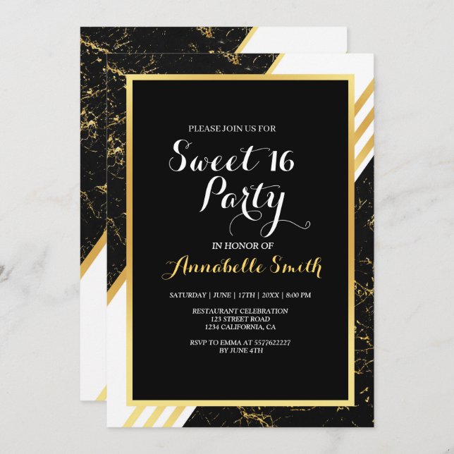 Gold marble stripes typography black sweet 16 invitation (Front/Back)