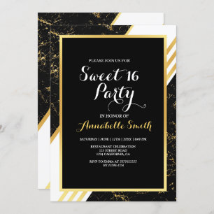 Gold marble stripes typography black sweet 16 invitation