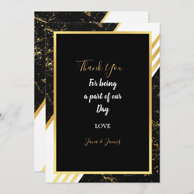 Gold marble stripes typography black  thank you invitation (Front/Back)