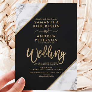 Gold marble stripes typography black wedding invitation