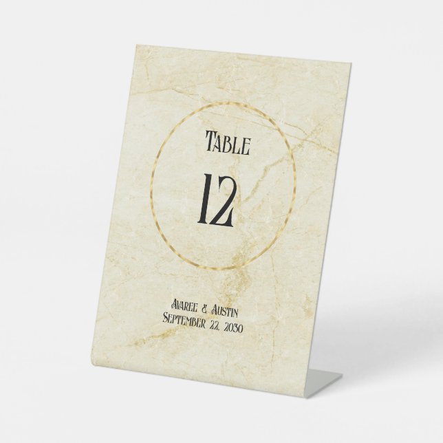 Gold Marble w/Text In Gold Circle Tabletop Pedestal Sign (Front)