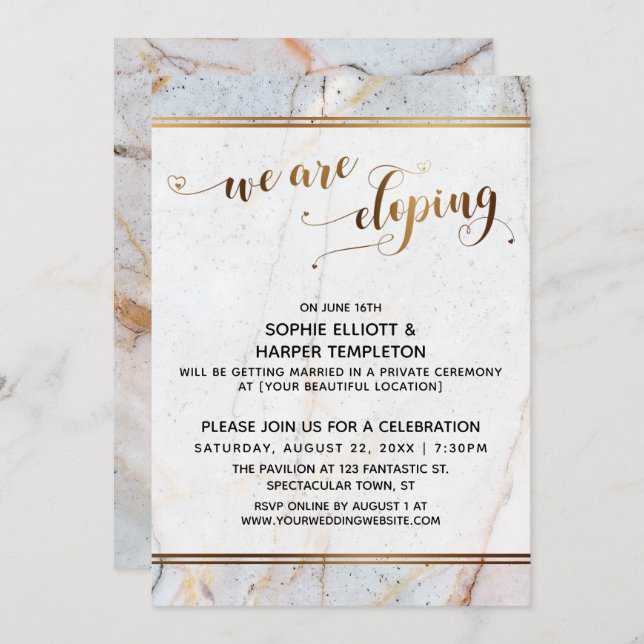 Gold Marble We Are Eloping Gold Hearts Calligraphy Invitation (Front/Back)