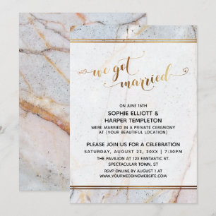 Gold Marble We Got Married Calligraphy Hearts Invitation