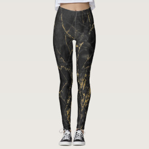 Gold Marbling Black Background Texture Leggings