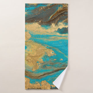 Gold marbling texture design. Blue and golden marb Bath Towel