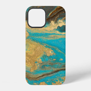 Gold marbling texture design. Blue and golden marb iPhone 12 Case