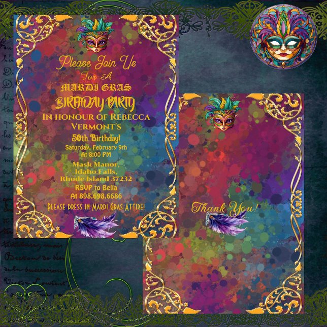 Gold Mardi Gras Masquerade 50th Birthday Party Invitation (Gold Mardi Gras Masquerade 50th Birthday Party Invitation)