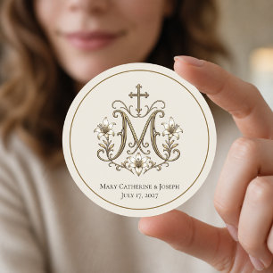 Gold Marian Cross Monogram Classic Round Sticker