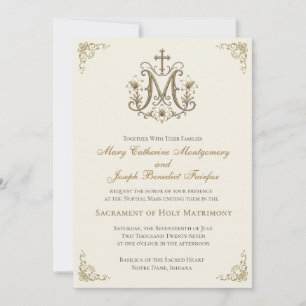 Gold Marian Cross Monogram Nuptial Wedding Invitation