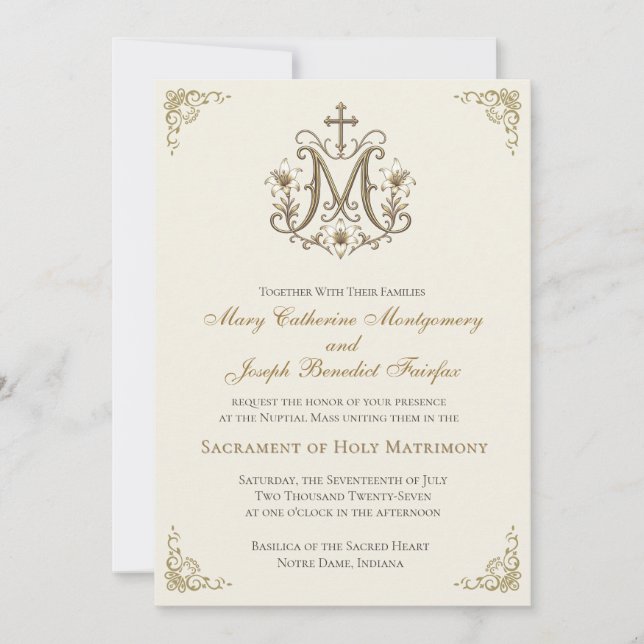 Gold Marian Cross Monogram Nuptial Wedding Invitation (Front)