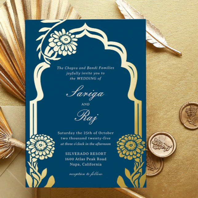 Gold Marigold Indian Wedding Invitation (indian wedding invitation, hindu wedding invitation, gold floral marigold flower mundap canopy arch)