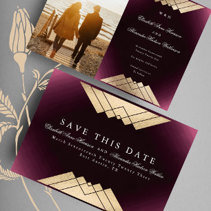 Gold Maroon Geometric Gatsby Foil Save The Date Announcement