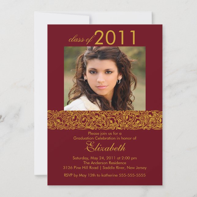 Gold & Maroon Red Photo Graduation Invitation (Front)