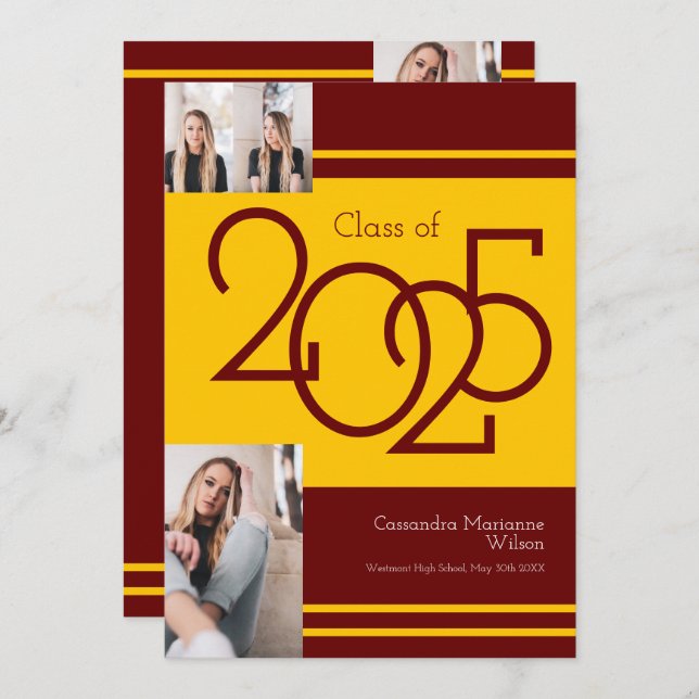 Gold Maroon School Colours Graduation Announcement (Front/Back)