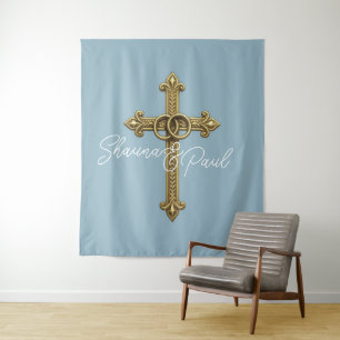 Gold Marriage Wedding Rings Cross on Any Colour Tapestry