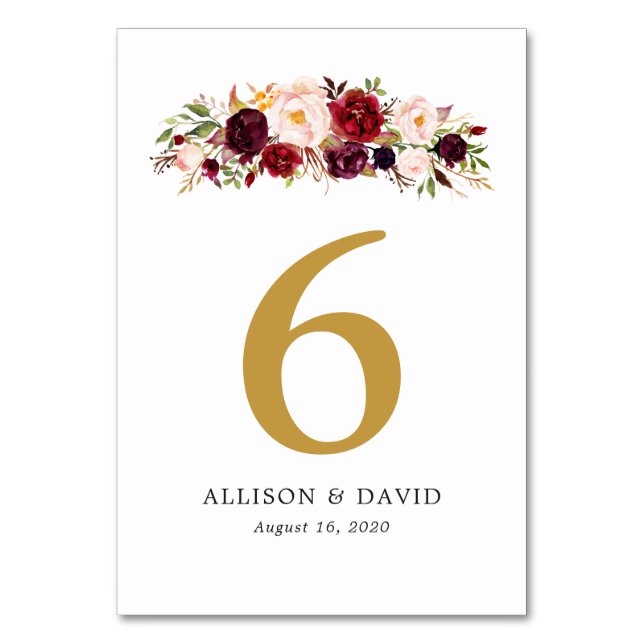 Gold Marsala Boho Floral Table Numbers (Front)