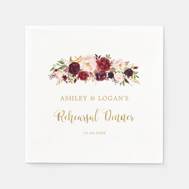 Gold Marsala Floral Boho Rehearsal Dinner  Napkin (Front)