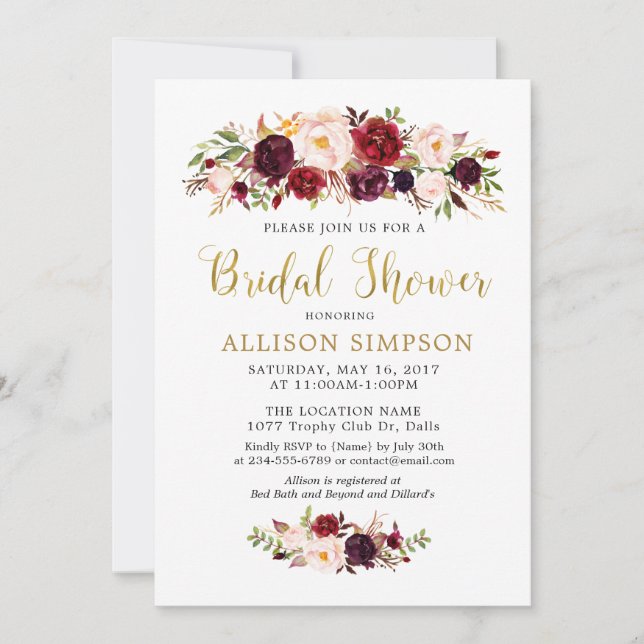 Gold Marsala Flowers BridalShower Invitations (Front)