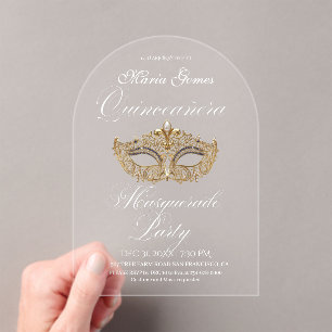 Gold Mask Masquerade Quinceanera Birthday  Acrylic Invitations