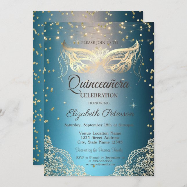 Gold Masqu Lace, Diamonds Quinceañera  Invitation (Front/Back)