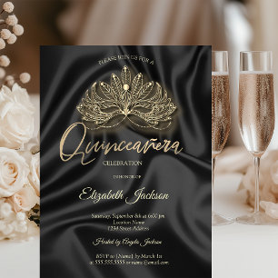 Gold Masque Black Satin Quinceanera Invitation