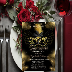 Gold Masque Diamonds Lights Black Quinceañera Invitation