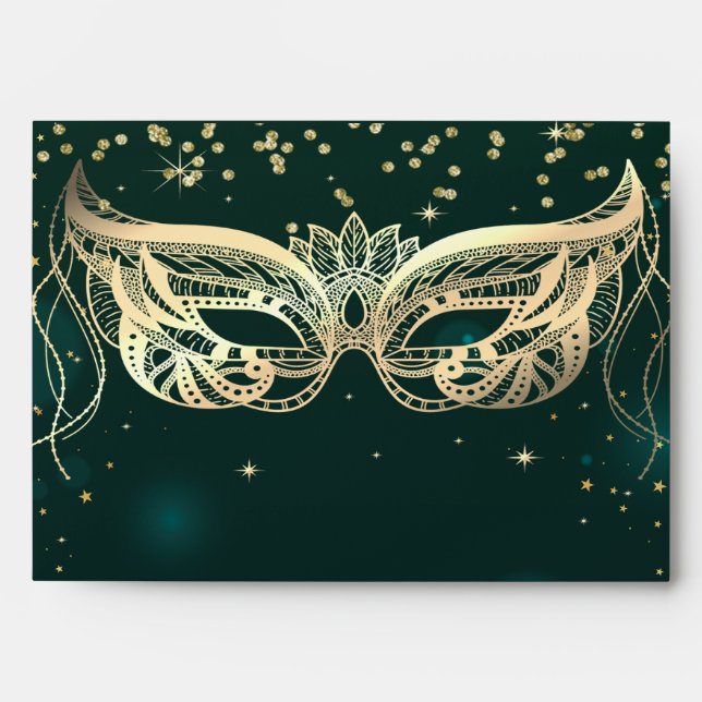 Gold Masque Gold Diamonds,Stars Green Envelope (Front)